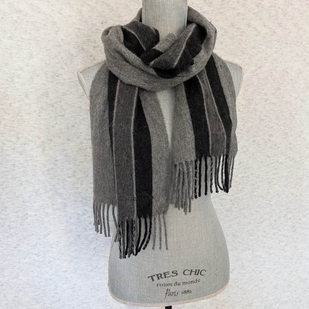 COACH 90/10 Wool & Cashmere Striped Fringe Scarf - Grey/Black